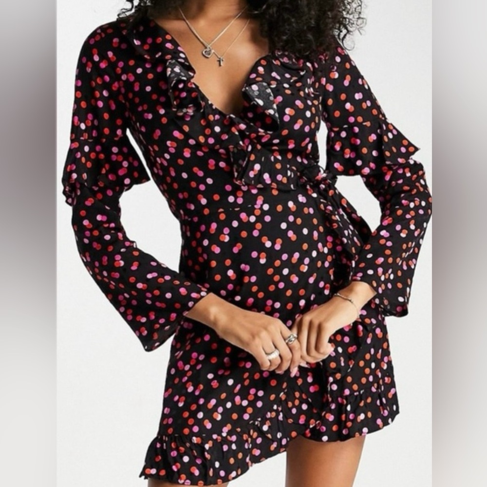 Topshop Polka Dot Long Sleeve Mini Wrap Dress Size 14 NWT